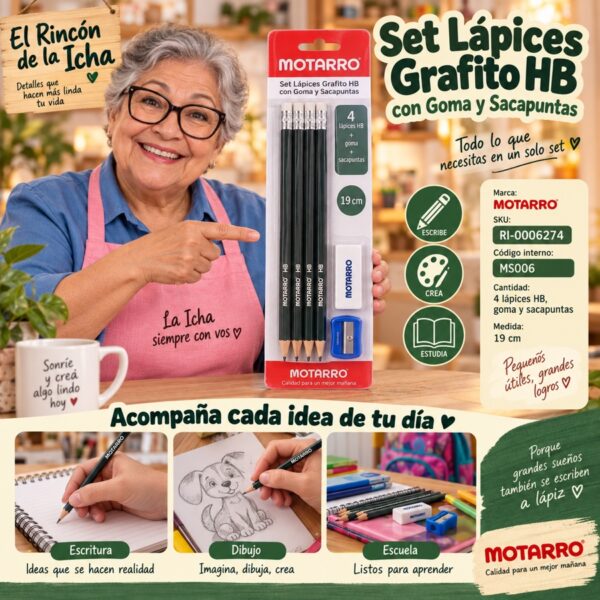 RI-0006274 Set Lápices Grafito HB con Goma y Sacapuntas Motarro