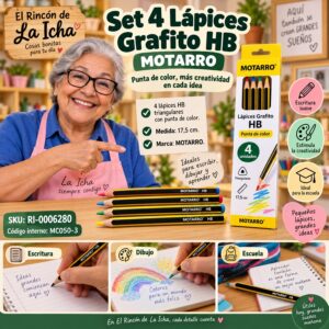 RI-0006280 Set 4 Lápices Grafito HB Motarro Negro Amarillo 17,5 cm Punta Color
