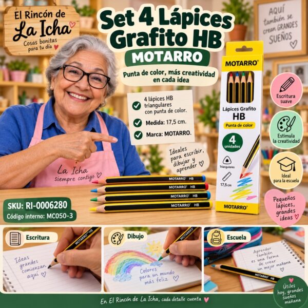 RI-0006280 Set 4 Lápices Grafito HB Motarro Negro Amarillo 17,5 cm Punta Color