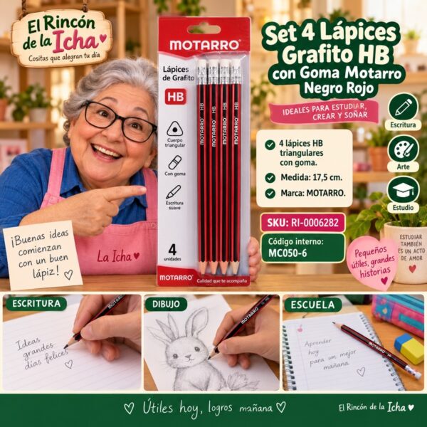 Set 4 Lápices Grafito HB con Goma Motarro Negro Rojo 17,5 cm
