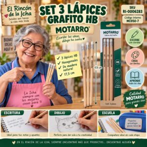 RI-0006283 Set 3 Lápices Grafito HB Motarro Madera Natural 17,5 cm