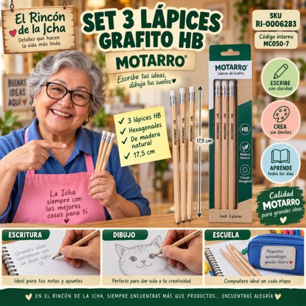 RI-0006283 Set 3 Lápices Grafito HB Motarro Madera Natural 17,5 cm