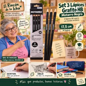 RI-0006285 Set 3 Lápices Grafito HB Motarro Negro 17,5 cm