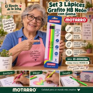 RI-0006286 Set 3 Lápices Grafito HB Neón con Goma Motarro 17,5 cm