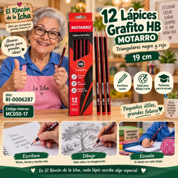 Caja 12 Lápices Grafito HB Motarro Negro Rojo 19 cm