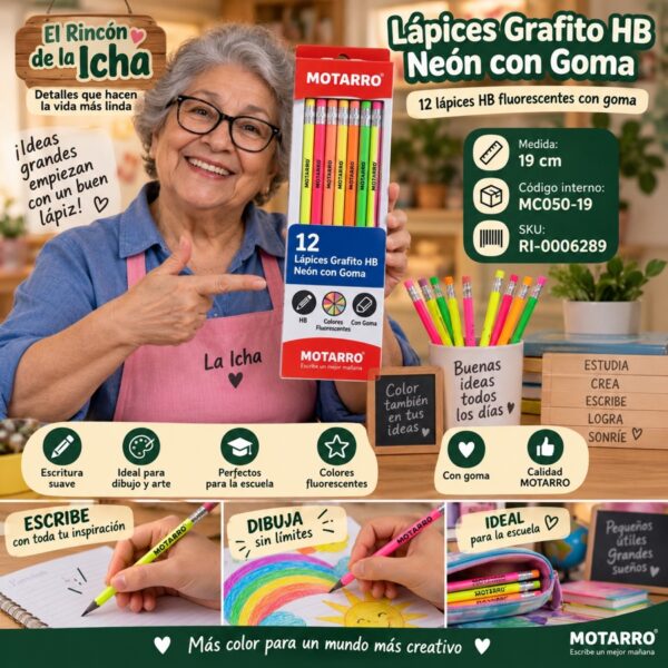 RI-0006289 Caja 12 Lápices Grafito HB Neón con Goma Motarro
