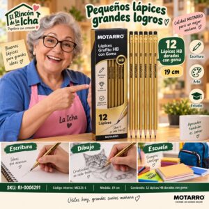 RI-0006291 Caja 12 Lápices Grafito HB con Goma Motarro Dorado 19 cm
