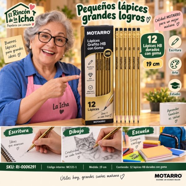 RI-0006291 Caja 12 Lápices Grafito HB con Goma Motarro Dorado 19 cm