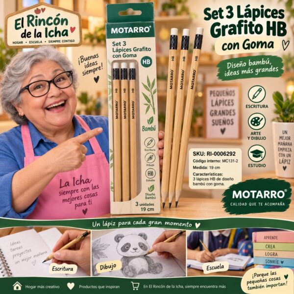 RI-0006292 Set 3 Lápices Grafito HB con Goma Motarro Bambú 19 cm