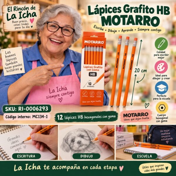 Caja 12 Lápices Grafito HB con Goma Motarro Naranjo