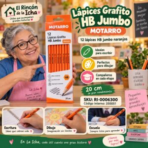 RI-0006300 Caja 12 Lápices Grafito HB Jumbo Motarro Naranjo 20 cm