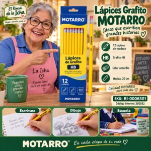 RI-0006301 Caja 12 Lápices Grafito HB Motarro Amarillo 20 cm