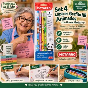 RI-0006302 Set 4 Lápices Grafito HB Animados con Goma Motarro 19 cm
