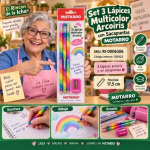 RI-0006306 Set 3 Lápices Multicolor Arcoíris con Sacapuntas Motarro