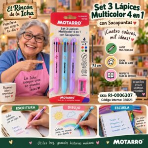 RI-0006307 Set 3 Lápices Multicolor 4 en 1 con Sacapuntas Motarro