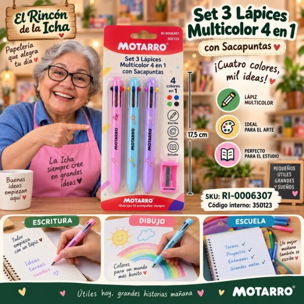 RI-0006307 Set 3 Lápices Multicolor 4 en 1 con Sacapuntas Motarro