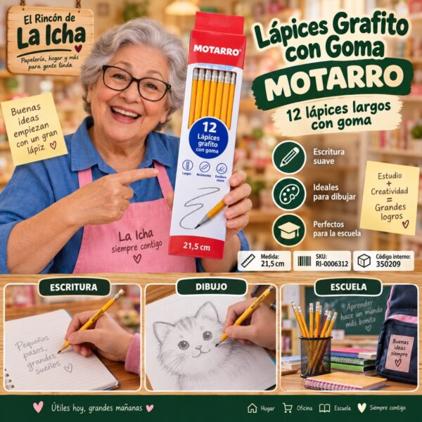 RI-0006312 Caja 12 Lápices Grafito con Goma Motarro 21,5 cm