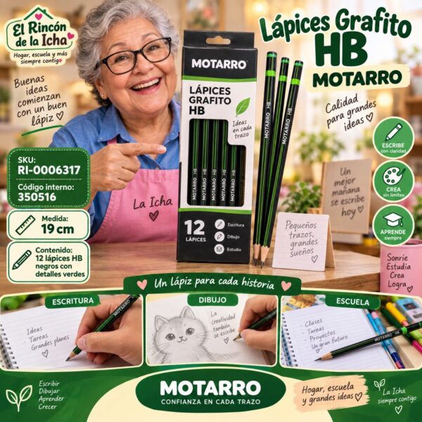 Caja 12 Lápices Grafito HB Motarro Negro Verde 19 cm