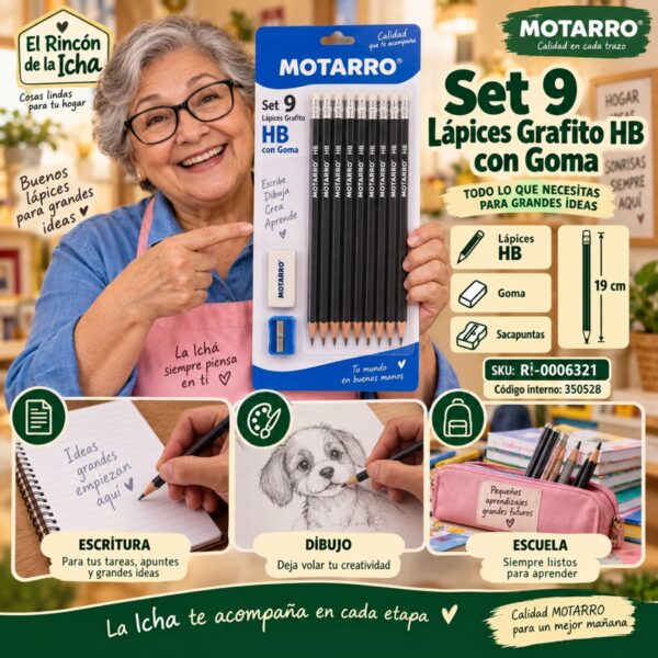 RI-0006321 Set 9 Lápices Grafito HB con Goma Motarro