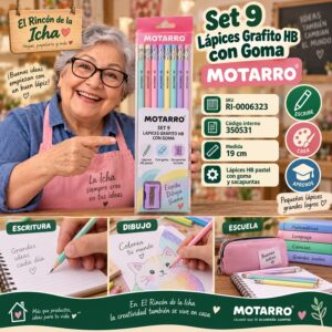 RI-0006323 Set 9 Lápices Grafito HB con Goma Motarro Pastel