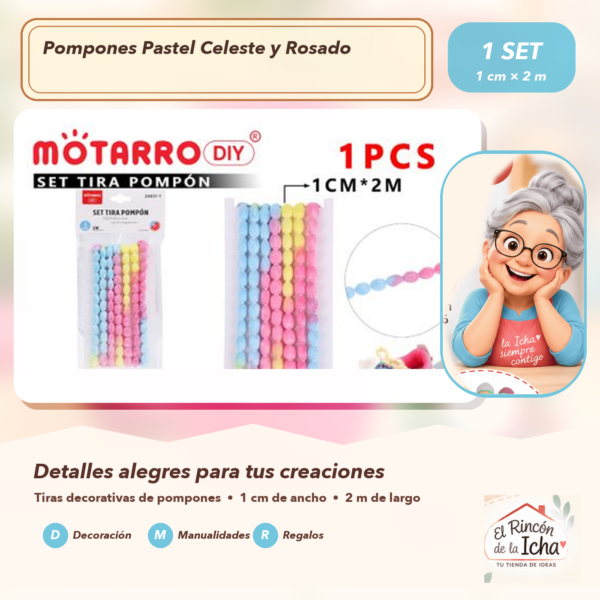 Set de Tiras de Pompones Pastel Celeste y Rosado 1 cm x 2 m