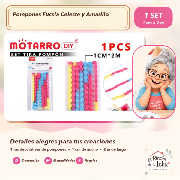 Set de Tiras de Pompones Fucsia Celeste y Amarillo 1 cm x 2 m