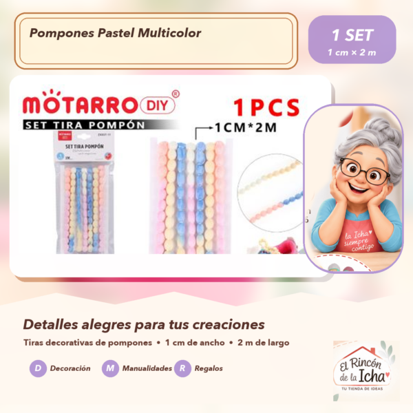 Set de Tiras de Pompones Pastel Multicolor 1 cm x 2 m