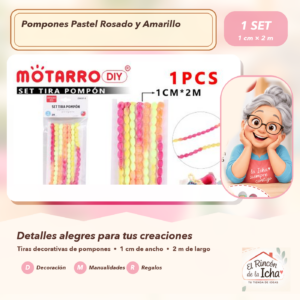 ZX037-3 Set de Tiras de Pompones Pastel Rosado y Amarillo 1 cm x 2 m