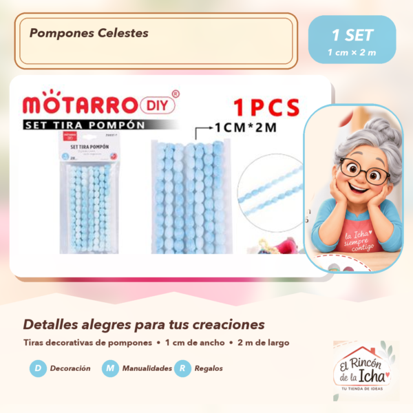 Set de Tiras de Pompones Celestes 1 cm x 2 m