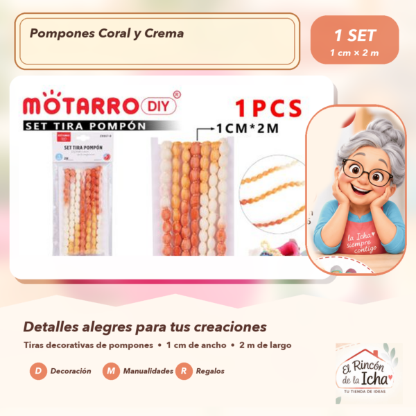 Set de Tiras de Pompones Coral y Crema 1 cm x 2 m