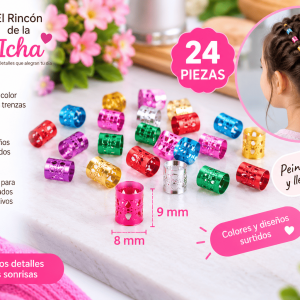 Accesorios Decorativos para Trenzas – 24 Piezas – Colores Surtidos Set de 24 accesorios decorativos para trenzas en colores surtidos, con piezas de aproximadamente 8 x 9 mm