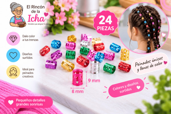 Accesorios Decorativos para Trenzas – 24 Piezas – Colores Surtidos Set de 24 accesorios decorativos para trenzas en colores surtidos, con piezas de aproximadamente 8 x 9 mm