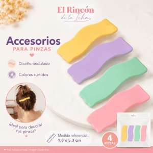 Accesorios para Pinzas Diseño Ondulado 4 Piezas Colores Surtidos Set de accesorios para pinzas con diseño ondulado en colores surtidos, 4 piezas, medida referencial 1,8 x 5,3 cm