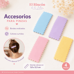 Accesorios para Pinzas con Bordes Ondulados – 4 Piezas Set de 4 accesorios para pinzas con diseño rectangular y bordes ondulados en colores surtidos, medida 1,8 x 5,3 cm