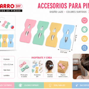 Set de 4 Accesorios para Pinzas Diseño Lazo – Colores Surtidos Set de 4 accesorios decorativos para pinzas con diseño tipo lazo de 5,5 x 2,3 cm en colores surtidos para personalizar accesorios para el cabello.