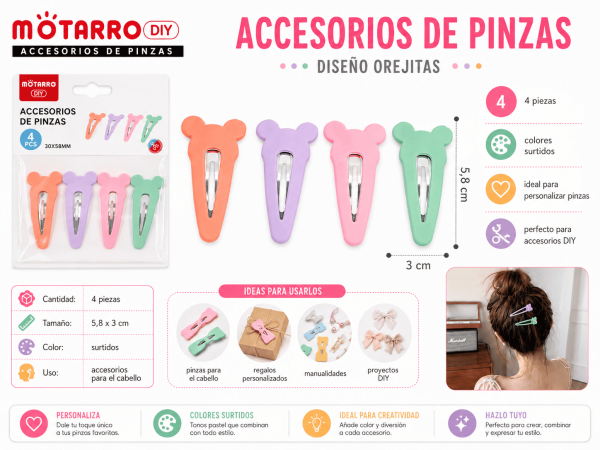 Set de 4 Accesorios para Pinzas Diseño Orejitas – Colores Surtidos Set de 4 accesorios decorativos para pinzas con diseño de orejitas de 5,8 x 3 cm en colores surtidos para personalizar accesorios para el cabello.