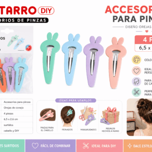Set de 4 Accesorios para Pinzas con Orejas de Conejo – Colores Surtidos Set de 4 accesorios decorativos para pinzas con diseño de orejas de conejo de 6,5 x 2,6 cm en colores surtidos para personalizar accesorios para el cabello.