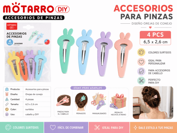 Set de 4 Accesorios para Pinzas con Orejas de Conejo – Colores Surtidos Set de 4 accesorios decorativos para pinzas con diseño de orejas de conejo de 6,5 x 2,6 cm en colores surtidos para personalizar accesorios para el cabello.