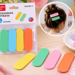 Set de 4 Accesorios para Pinzas Rectangulares Redondeados – Colores Surtidos Set de 4 accesorios decorativos para pinzas con diseño rectangular redondeado de 5,5 x 2 cm en colores surtidos para personalizar accesorios para el cabello.