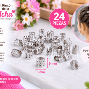 Accesorios Decorativos para Trenzas Plateados – 24 Piezas Set de 24 accesorios decorativos para trenzas con diseño calado, apariencia plateada y medida de 8 x 9 mm