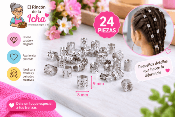 Accesorios Decorativos para Trenzas Plateados – 24 Piezas Set de 24 accesorios decorativos para trenzas con diseño calado, apariencia plateada y medida de 8 x 9 mm