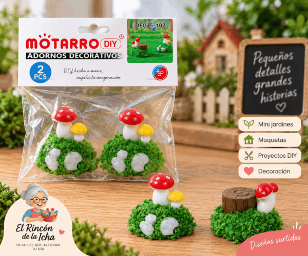 Adornos Decorativos Mini Hongos Surtidos 2 Piezas Adornos decorativos mini hongos surtidos de 2 piezas en bolsa transparente para mini jardines, maquetas y proyectos DIY
