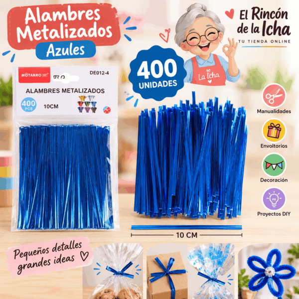 Alambres metalizados azules de 10 cm, paquete de 400 unidades para manualidades y decoración