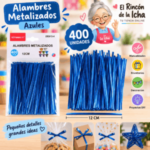 Alambres Metalizados Azules 12 cm – 400 Unidades Alambres metalizados azules de 12 cm, paquete de 400 unidades para manualidades y decoración