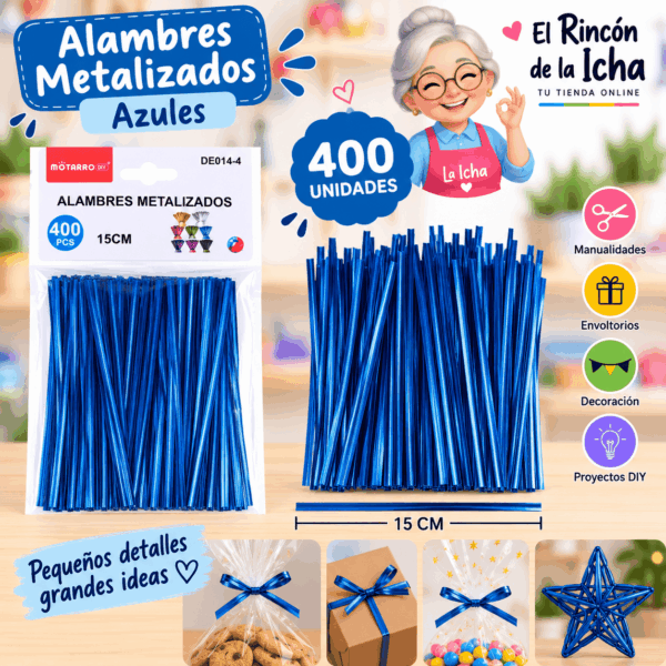 Alambres Metalizados Azules 15 cm – 400 Unidades Alambres metalizados azules de 15 cm, paquete de 400 unidades para manualidades y decoración