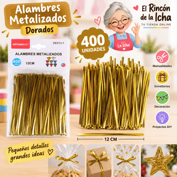 Alambres Metalizados Dorados 12 cm – 400 Unidades Alambres metalizados dorados de 12 cm, paquete de 400 unidades para manualidades y decoración