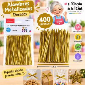 Alambres Metalizados Dorados 15 cm – 400 Unidades Alambres metalizados dorados de 15 cm, paquete de 400 unidades para manualidades y decoración