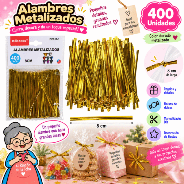 Alambres Metalizados Dorados 8 cm – 400 Unidades | El Rincón de la Icha Pack de 400 alambres metalizados dorados de 8 cm para cerrar bolsas, regalos, recuerdos y manualidades DIY.