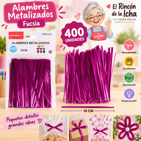 Alambres Metalizados Fucsia 10 cm – 400 Unidades Alambres metalizados fucsia de 10 cm, paquete de 400 unidades para manualidades y decoración