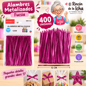 Alambres Metalizados Fucsia 12 cm – 400 Unidades Alambres metalizados fucsia de 12 cm, paquete de 400 unidades para manualidades y decoración